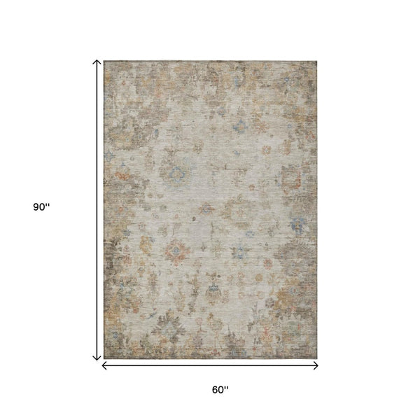 HomeRoots 5' Elegant Ivory Beige & Blue Floral Washable Area Rug - Indoor/Outdoor, Durable & Stylish Design 658364