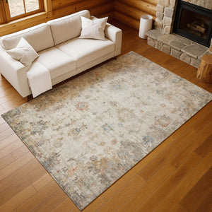 HomeRoots 5' Elegant Ivory Beige & Blue Floral Washable Area Rug - Indoor/Outdoor, Durable & Stylish Design 658364