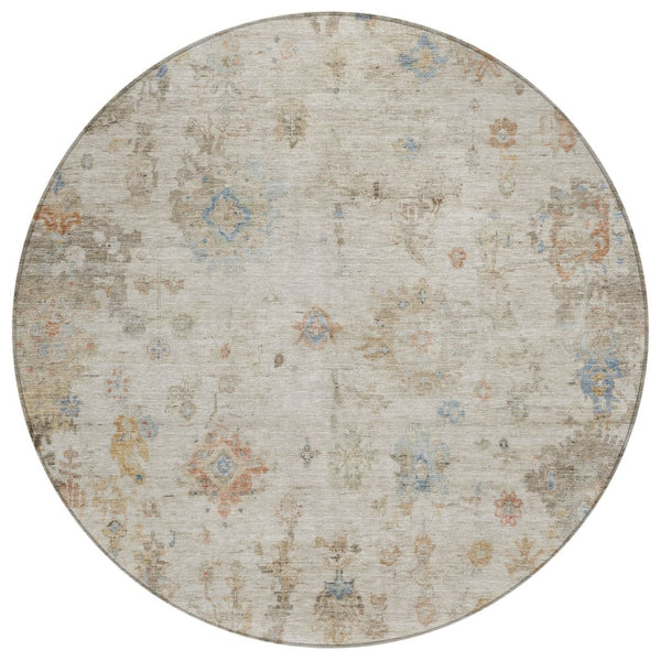 HomeRoots 8' Round Floral Indoor/Outdoor Area Rug in Ivory, Beige & Blue - Durable, Washable & Stylish Design! 658365