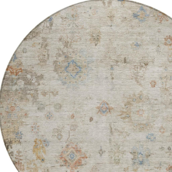 HomeRoots 8' Round Floral Indoor/Outdoor Area Rug in Ivory, Beige & Blue - Durable, Washable & Stylish Design! 658365