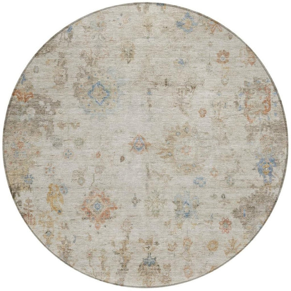 HomeRoots 8' Round Floral Indoor/Outdoor Area Rug in Ivory, Beige & Blue - Durable, Washable & Stylish Design! 658365