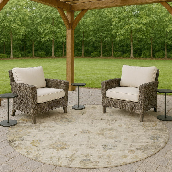 HomeRoots 8' Taupe and Blue Round Floral Rug - Durable, Washable, Versatile Indoor/Outdoor Area Decor 658371