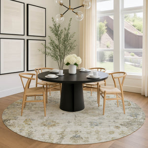 HomeRoots 8' Taupe and Blue Round Floral Rug - Durable, Washable, Versatile Indoor/Outdoor Area Decor 658371