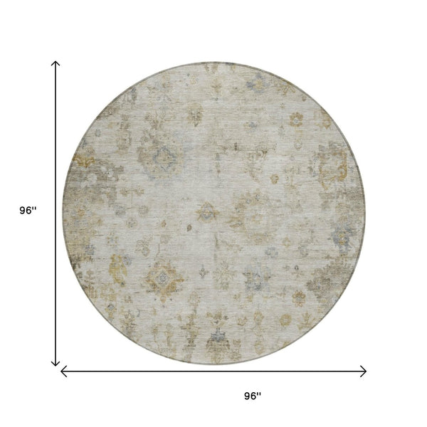 HomeRoots 8' Taupe and Blue Round Floral Rug - Durable, Washable, Versatile Indoor/Outdoor Area Decor 658371