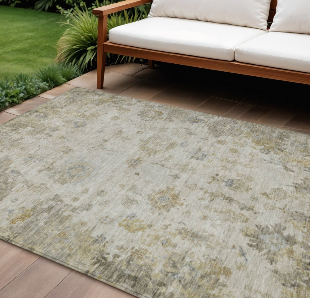 HomeRoots 8' Taupe and Blue Floral Washable Area Rug - Durable Indoor/Outdoor Design for All Spaces, 8x10 ft 658372