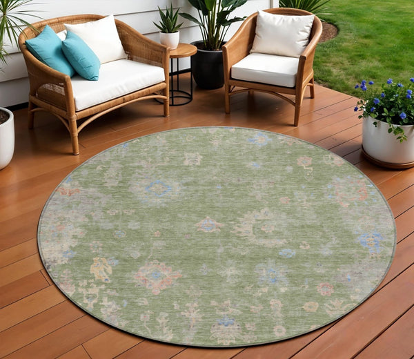 HomeRoots 8' Artichoke Green & Gray Round Floral Area Rug - Durable, Washable Design for Indoor/Outdoor Spaces 658377