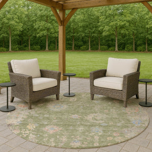 HomeRoots 8' Artichoke Green & Gray Round Floral Area Rug - Durable, Washable Design for Indoor/Outdoor Spaces 658377