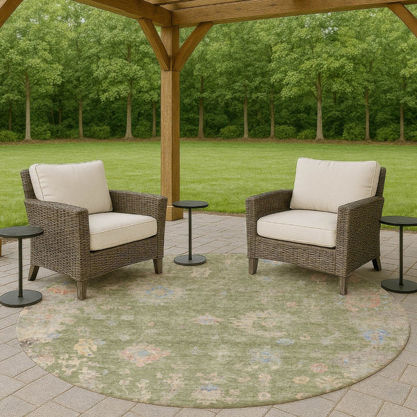 HomeRoots 8' Artichoke Green & Gray Round Floral Area Rug - Durable, Washable Design for Indoor/Outdoor Spaces 658377