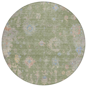 HomeRoots 8' Artichoke Green & Gray Round Floral Area Rug - Durable, Washable Design for Indoor/Outdoor Spaces 658377