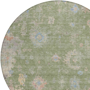 HomeRoots 8' Artichoke Green & Gray Round Floral Area Rug - Durable, Washable Design for Indoor/Outdoor Spaces 658377