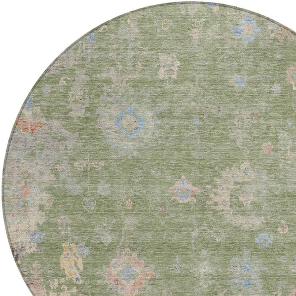 HomeRoots 8' Artichoke Green & Gray Round Floral Area Rug - Durable, Washable Design for Indoor/Outdoor Spaces 658377