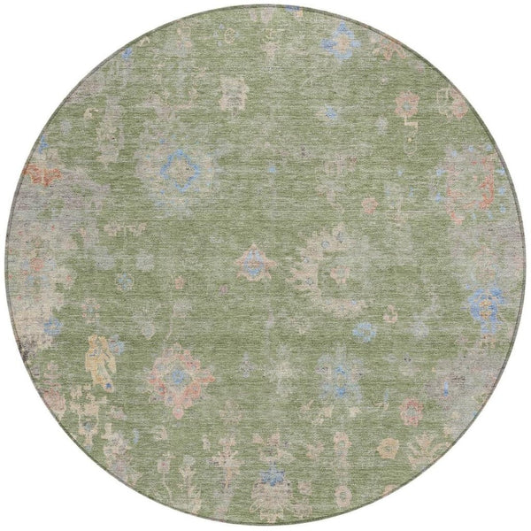 HomeRoots 8' Artichoke Green & Gray Round Floral Area Rug - Durable, Washable Design for Indoor/Outdoor Spaces 658377
