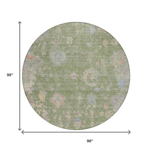 HomeRoots 8' Artichoke Green & Gray Round Floral Area Rug - Durable, Washable Design for Indoor/Outdoor Spaces 658377