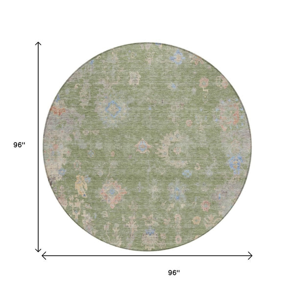 HomeRoots 8' Artichoke Green & Gray Round Floral Area Rug - Durable, Washable Design for Indoor/Outdoor Spaces 658377