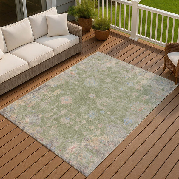 HomeRoots 8' X 10' Artichoke Green & Gray Floral Area Rug - Washable, Durable, Stylish for Indoor & Outdoor Use 658378