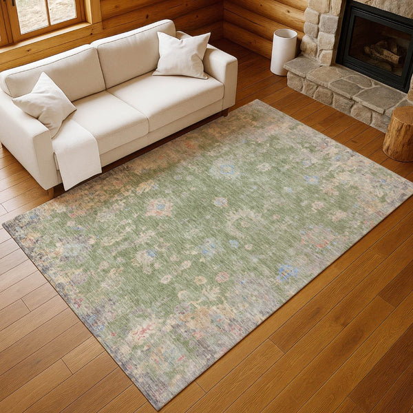 HomeRoots 8' X 10' Artichoke Green & Gray Floral Area Rug - Washable, Durable, Stylish for Indoor & Outdoor Use 658378
