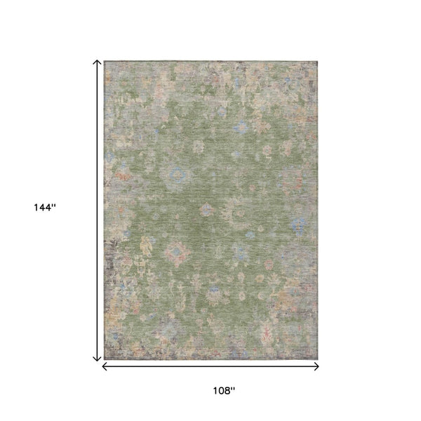HomeRoots 9' X 12' Artichoke Green & Gray Floral Area Rug - Washable, Durable, Perfect for Indoors & Outdoors! 658379