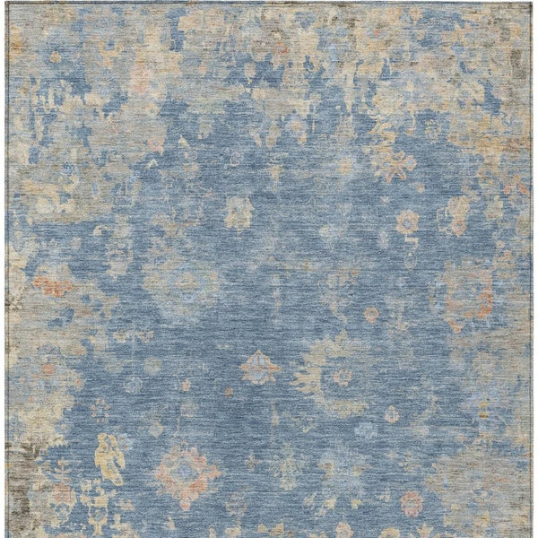 HomeRoots 5' Blue and Gold Floral Area Rug - Durable, Washable, Indoor/Outdoor Use for High-Traffic Spaces 658382