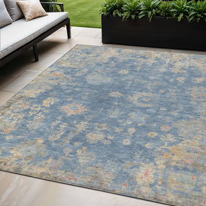 HomeRoots 5' Blue and Gold Floral Area Rug - Durable, Washable, Indoor/Outdoor Use for High-Traffic Spaces 658382