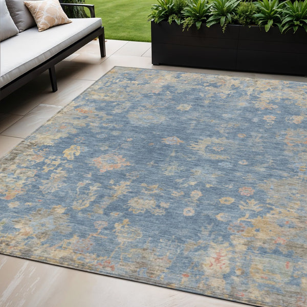 HomeRoots 5' Blue and Gold Floral Area Rug - Durable, Washable, Indoor/Outdoor Use for High-Traffic Spaces 658382