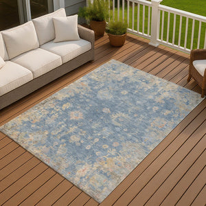 HomeRoots 5' Blue and Gold Floral Area Rug - Durable, Washable, Indoor/Outdoor Use for High-Traffic Spaces 658382
