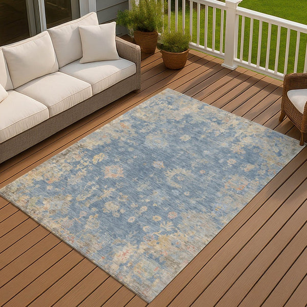 HomeRoots 5' Blue and Gold Floral Area Rug - Durable, Washable, Indoor/Outdoor Use for High-Traffic Spaces 658382