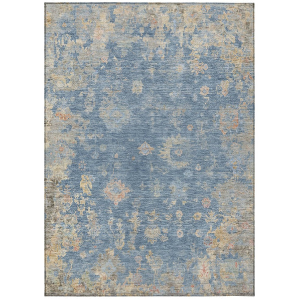 HomeRoots 5' Blue and Gold Floral Area Rug - Durable, Washable, Indoor/Outdoor Use for High-Traffic Spaces 658382