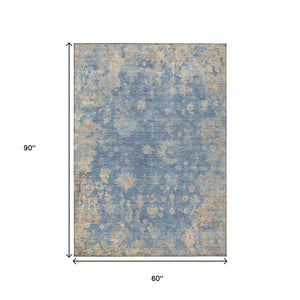 HomeRoots 5' Blue and Gold Floral Area Rug - Durable, Washable, Indoor/Outdoor Use for High-Traffic Spaces 658382