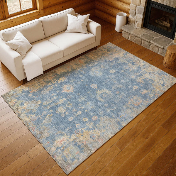 HomeRoots 5' Blue and Gold Floral Area Rug - Durable, Washable, Indoor/Outdoor Use for High-Traffic Spaces 658382