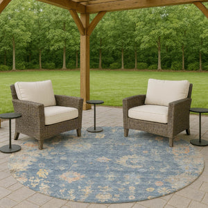 HomeRoots 8' Blue and Gold Round Floral Area Rug - Durable, Washable & Elegant for Indoor/Outdoor Spaces 658383