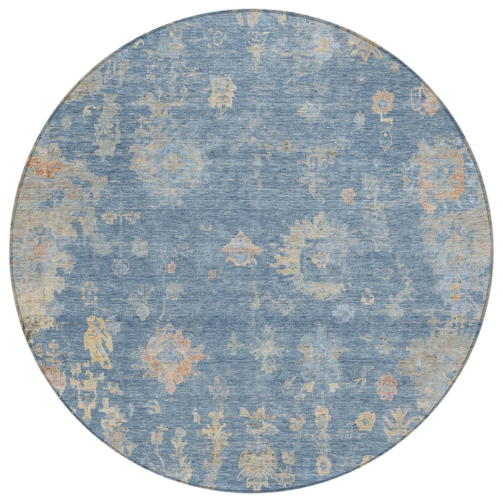 HomeRoots 8' Blue and Gold Round Floral Area Rug - Durable, Washable & Elegant for Indoor/Outdoor Spaces 658383