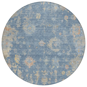 HomeRoots 8' Blue and Gold Round Floral Area Rug - Durable, Washable & Elegant for Indoor/Outdoor Spaces 658383