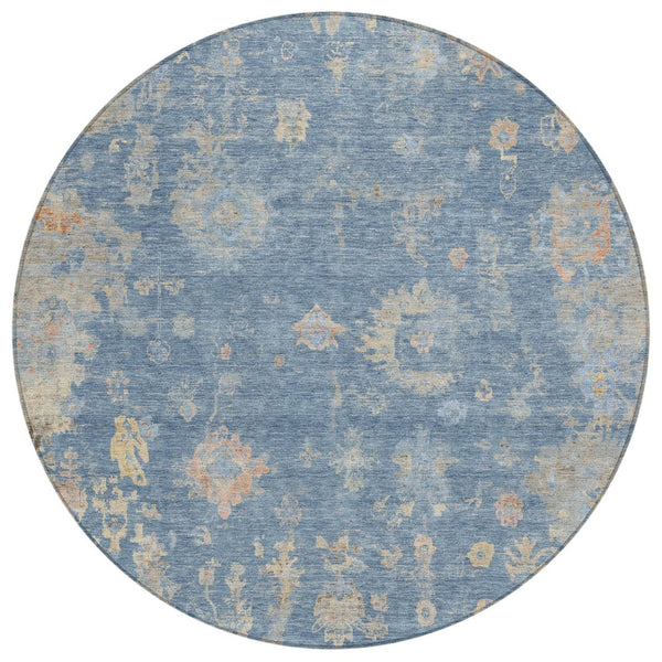 HomeRoots 8' Blue and Gold Round Floral Area Rug - Durable, Washable & Elegant for Indoor/Outdoor Spaces 658383