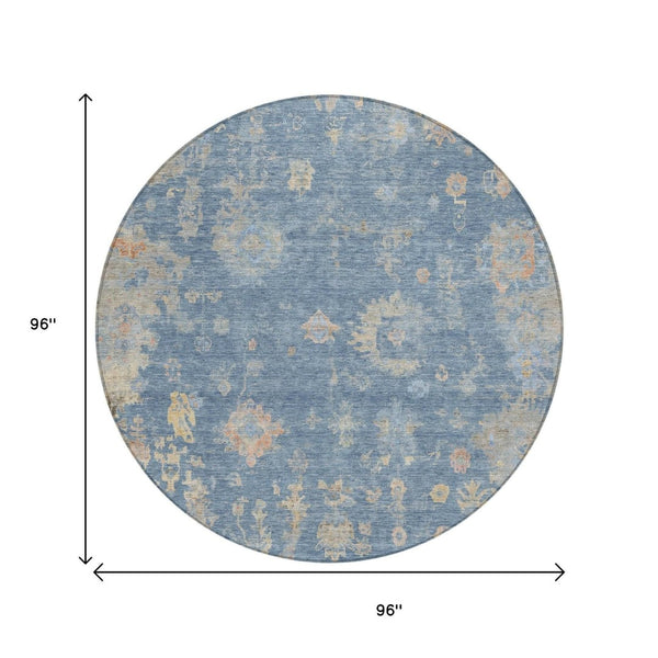HomeRoots 8' Blue and Gold Round Floral Area Rug - Durable, Washable & Elegant for Indoor/Outdoor Spaces 658383