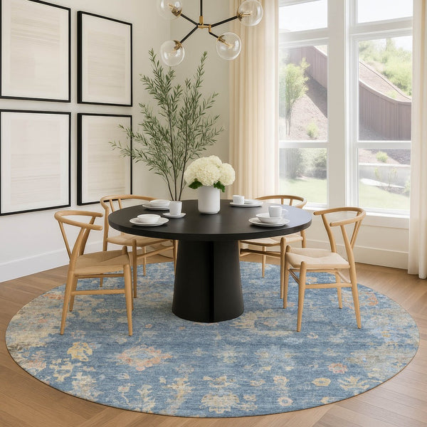 HomeRoots 8' Blue and Gold Round Floral Area Rug - Durable, Washable & Elegant for Indoor/Outdoor Spaces 658383