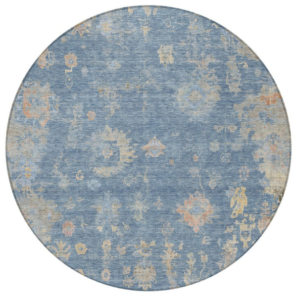 HomeRoots 8' Blue and Gold Round Floral Area Rug - Durable, Washable & Elegant for Indoor/Outdoor Spaces 658383