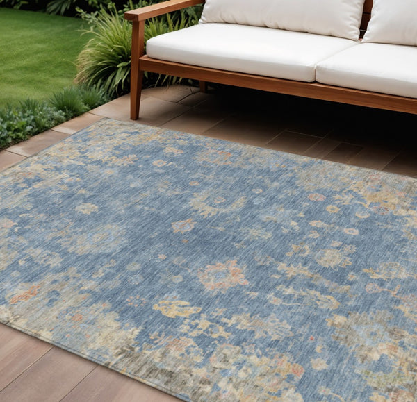 HomeRoots 10' Blue and Gold Floral Area Rug - Durable, Washable Indoor/Outdoor Rug for High-Traffic Spaces 658386