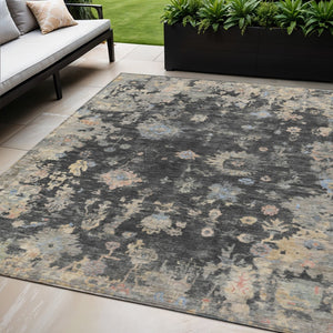 HomeRoots 5' Charcoal and Beige Floral Washable Indoor-Outdoor Area Rug - Durable, Stylish, and Versatile! 658388