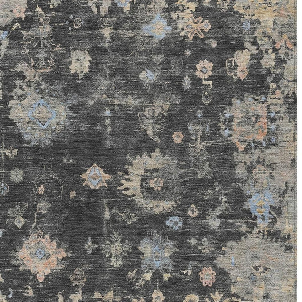 HomeRoots 5' Charcoal and Beige Floral Washable Indoor-Outdoor Area Rug - Durable, Stylish, and Versatile! 658388