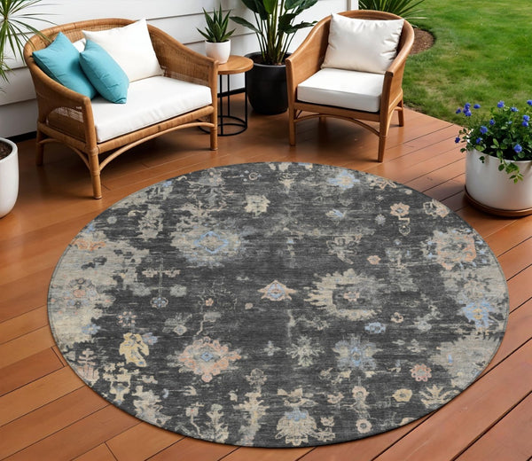 HomeRoots 8' Round Floral Indoor Outdoor Area Rug in Charcoal & Beige - Durable, Washable, Stylish & Versatile! 658389