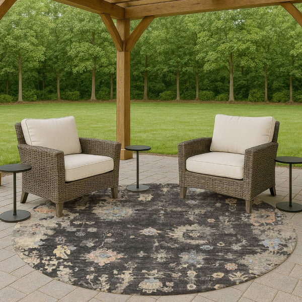 HomeRoots 8' Round Floral Indoor Outdoor Area Rug in Charcoal & Beige - Durable, Washable, Stylish & Versatile! 658389