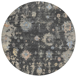HomeRoots 8' Round Floral Indoor Outdoor Area Rug in Charcoal & Beige - Durable, Washable, Stylish & Versatile! 658389