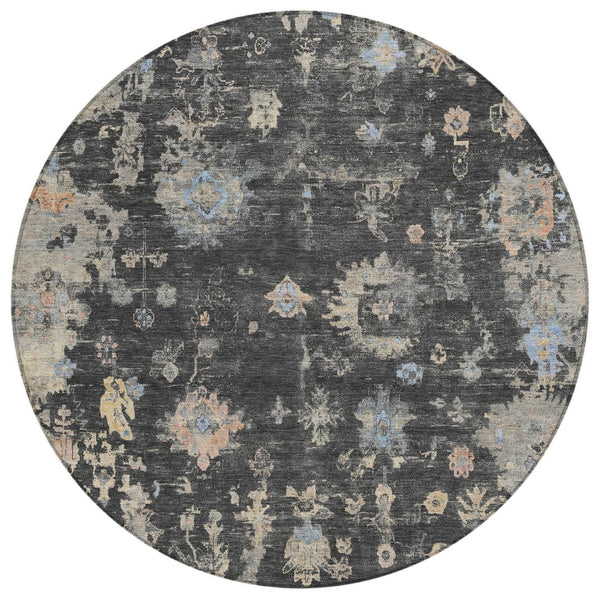 HomeRoots 8' Round Floral Indoor Outdoor Area Rug in Charcoal & Beige - Durable, Washable, Stylish & Versatile! 658389
