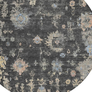 HomeRoots 8' Round Floral Indoor Outdoor Area Rug in Charcoal & Beige - Durable, Washable, Stylish & Versatile! 658389