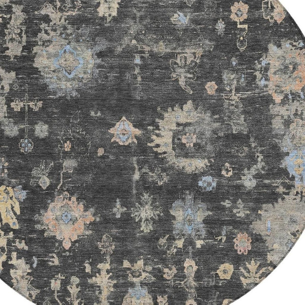 HomeRoots 8' Round Floral Indoor Outdoor Area Rug in Charcoal & Beige - Durable, Washable, Stylish & Versatile! 658389