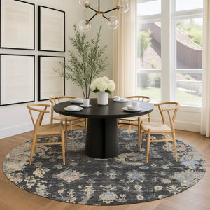HomeRoots 8' Round Floral Indoor Outdoor Area Rug in Charcoal & Beige - Durable, Washable, Stylish & Versatile! 658389