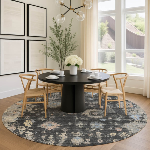 HomeRoots 8' Round Floral Indoor Outdoor Area Rug in Charcoal & Beige - Durable, Washable, Stylish & Versatile! 658389