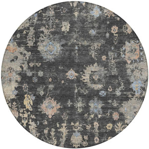 HomeRoots 8' Round Floral Indoor Outdoor Area Rug in Charcoal & Beige - Durable, Washable, Stylish & Versatile! 658389