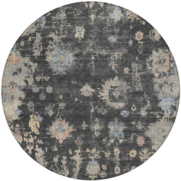 HomeRoots 8' Round Floral Indoor Outdoor Area Rug in Charcoal & Beige - Durable, Washable, Stylish & Versatile! 658389