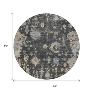 HomeRoots 8' Round Floral Indoor Outdoor Area Rug in Charcoal & Beige - Durable, Washable, Stylish & Versatile! 658389